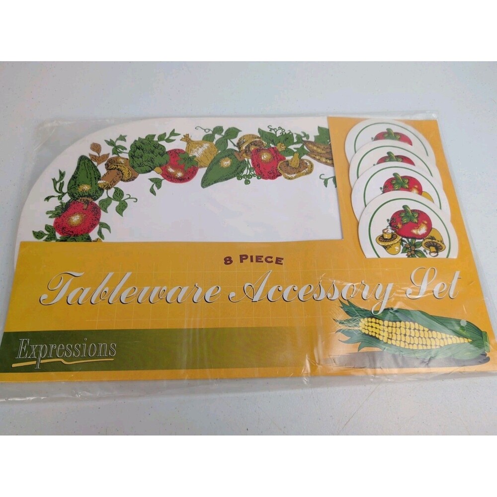 Set of 4  Vegetable Spice Placemats Style W/ Coaters  Vintage NIP Cottagecore